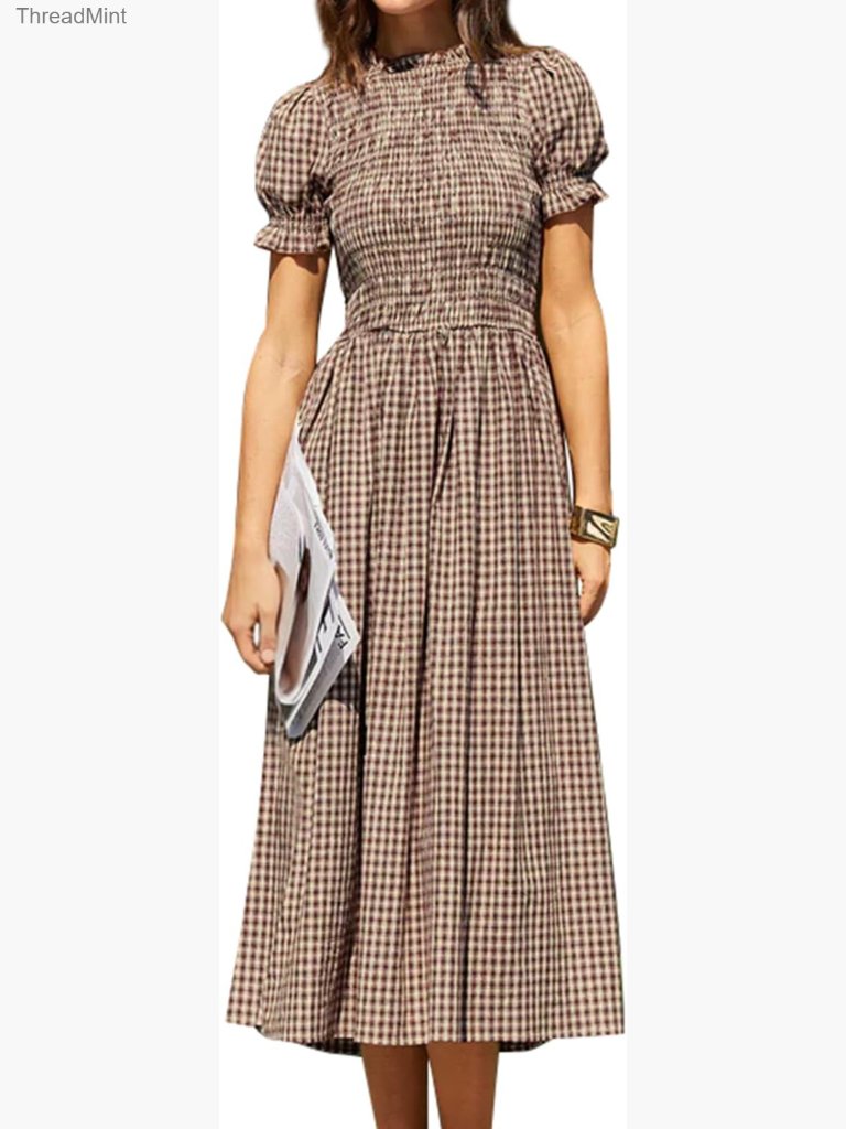Women's Shirted A-Line Midi Dress With Puff Sleeves And Smocked Bodice
